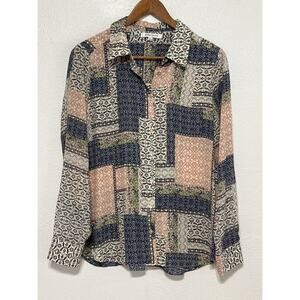 Rose + Olive Faux Patchwork Lightweight Blouse L Blue Pink Coquette Boho